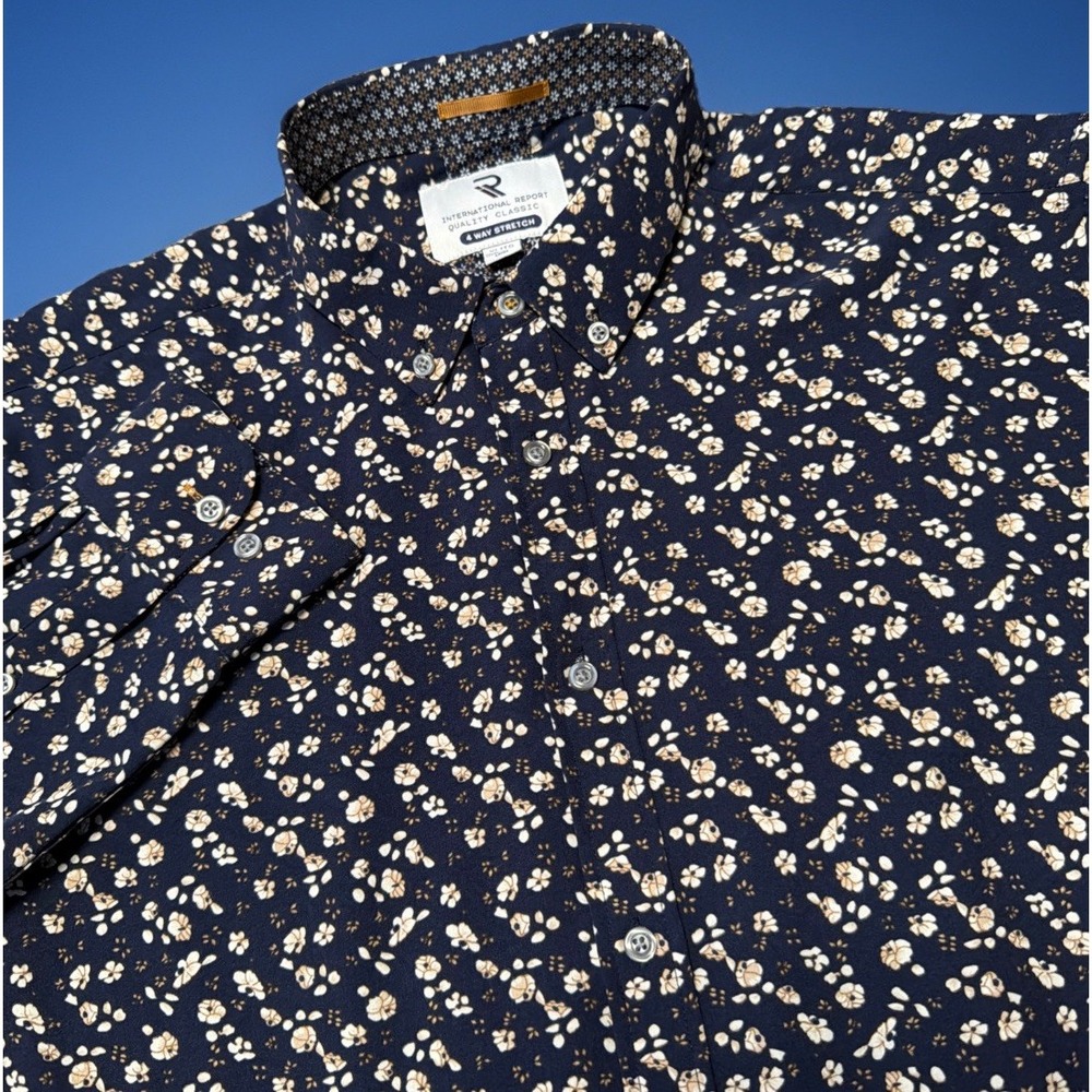 International Report Shirt Mens XL Blue Floral Button Down‎ 4 Way Stretch